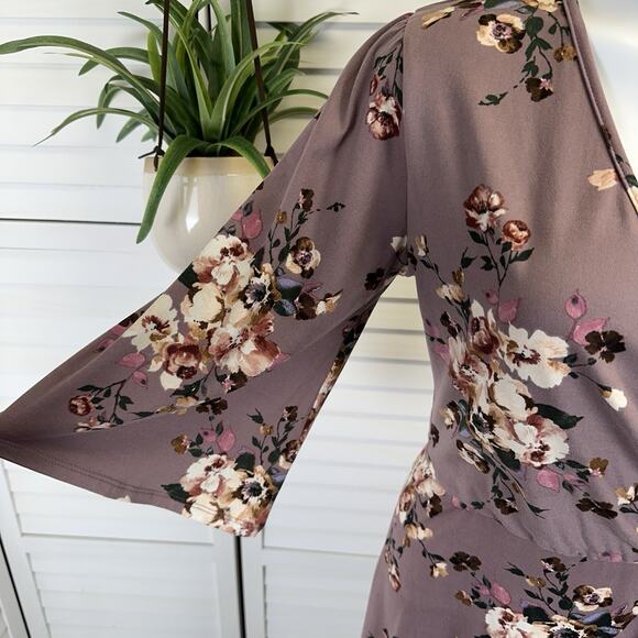 New Stevie Hender Mauve Floral Faux Wrap Dress Soft 3/4 Sleeve Boho Size L - Picture 3 of 9